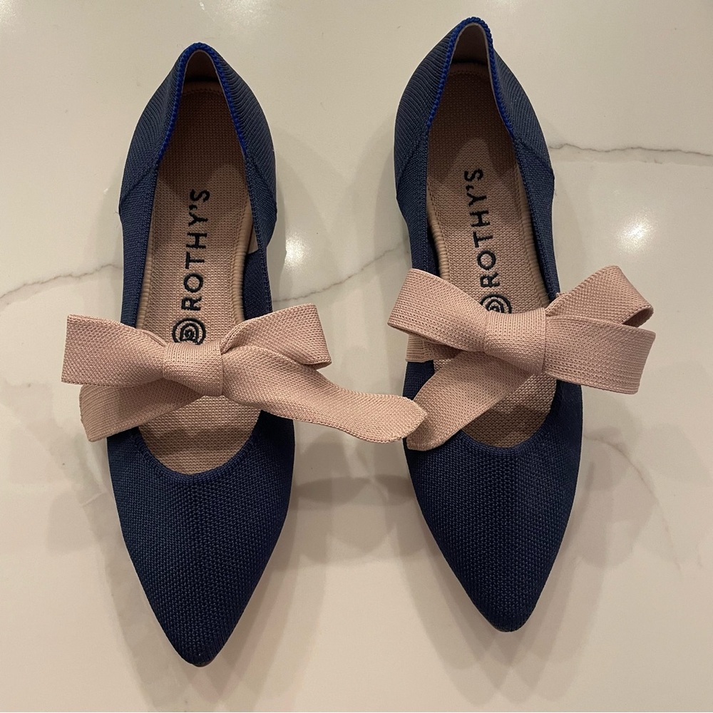 Rothy's The Mary Jane flat in Sapphire Blue with Blush Bow